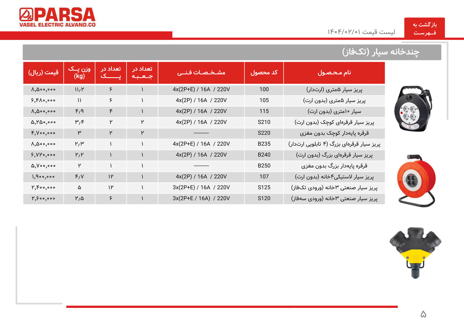 لیست قیمت واصل الکتریک